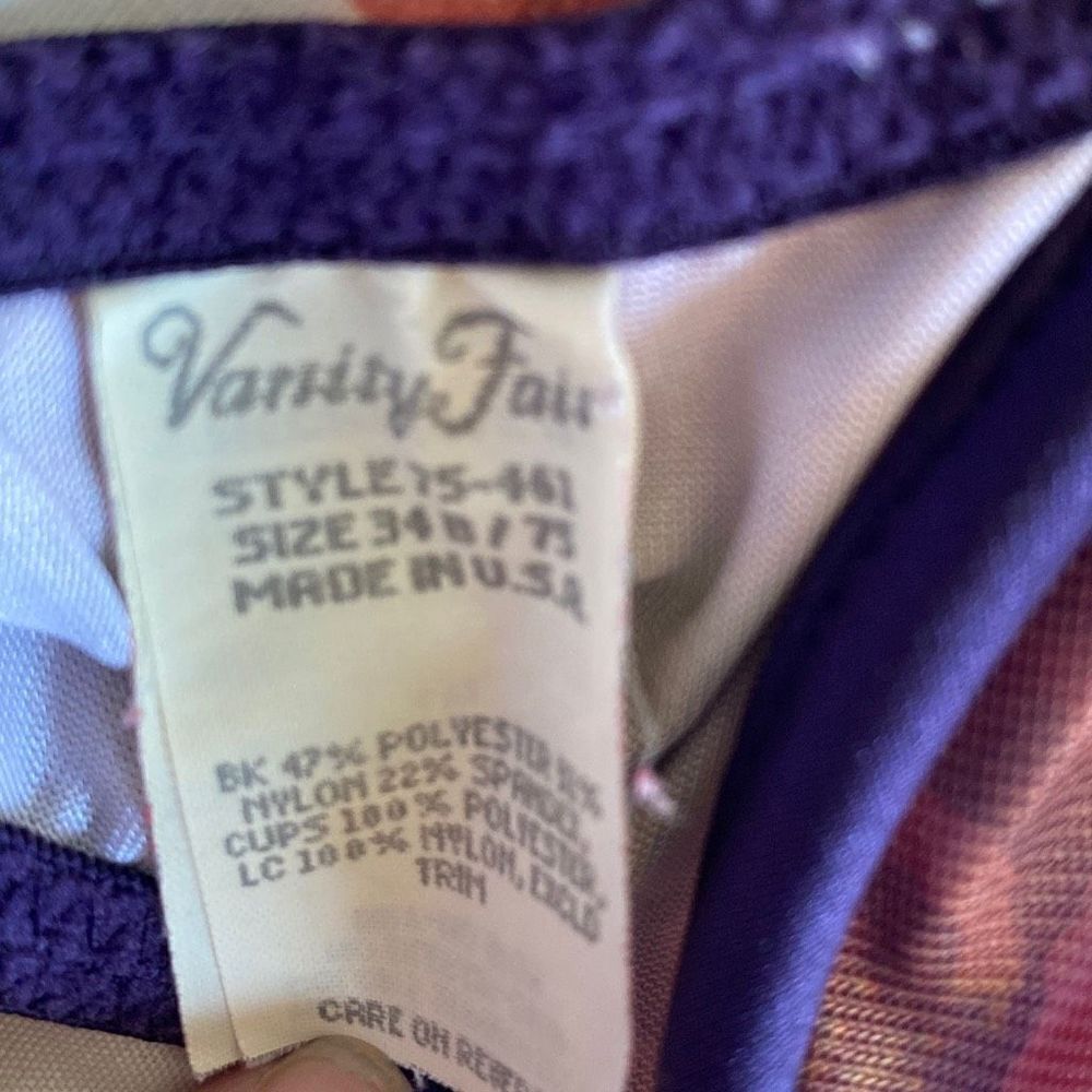 VTG Vintage Vanity Fair 1980s EUC Bra Purple Floral Lace Colorful Dopamine 34B - Picture 7 of 10